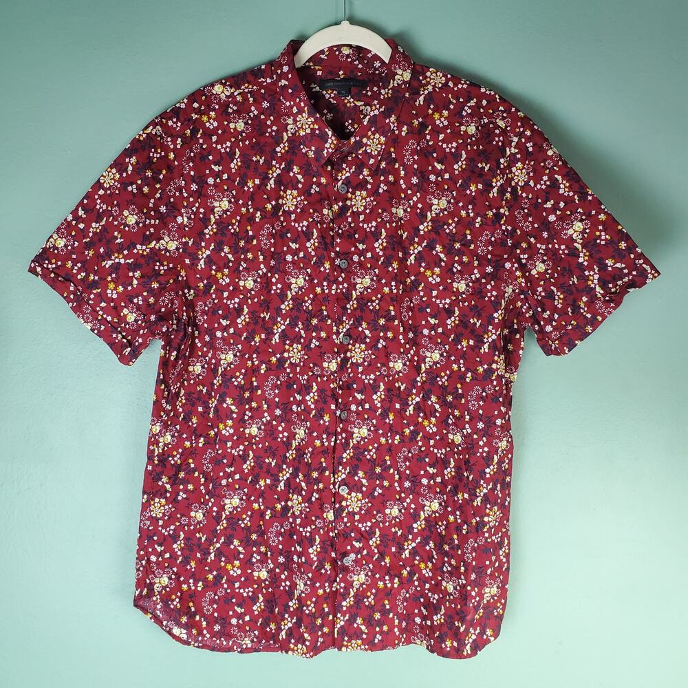 John Varvatos Mens Hasper Floral Skull SS Button Up Shirt Crimson Size XL